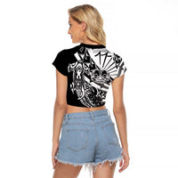 Black White Marquesas Islands Raglan Cropped T Shirt Marquesan Matatiki Hammerhead Shark Patutiki - Polynesian Pride