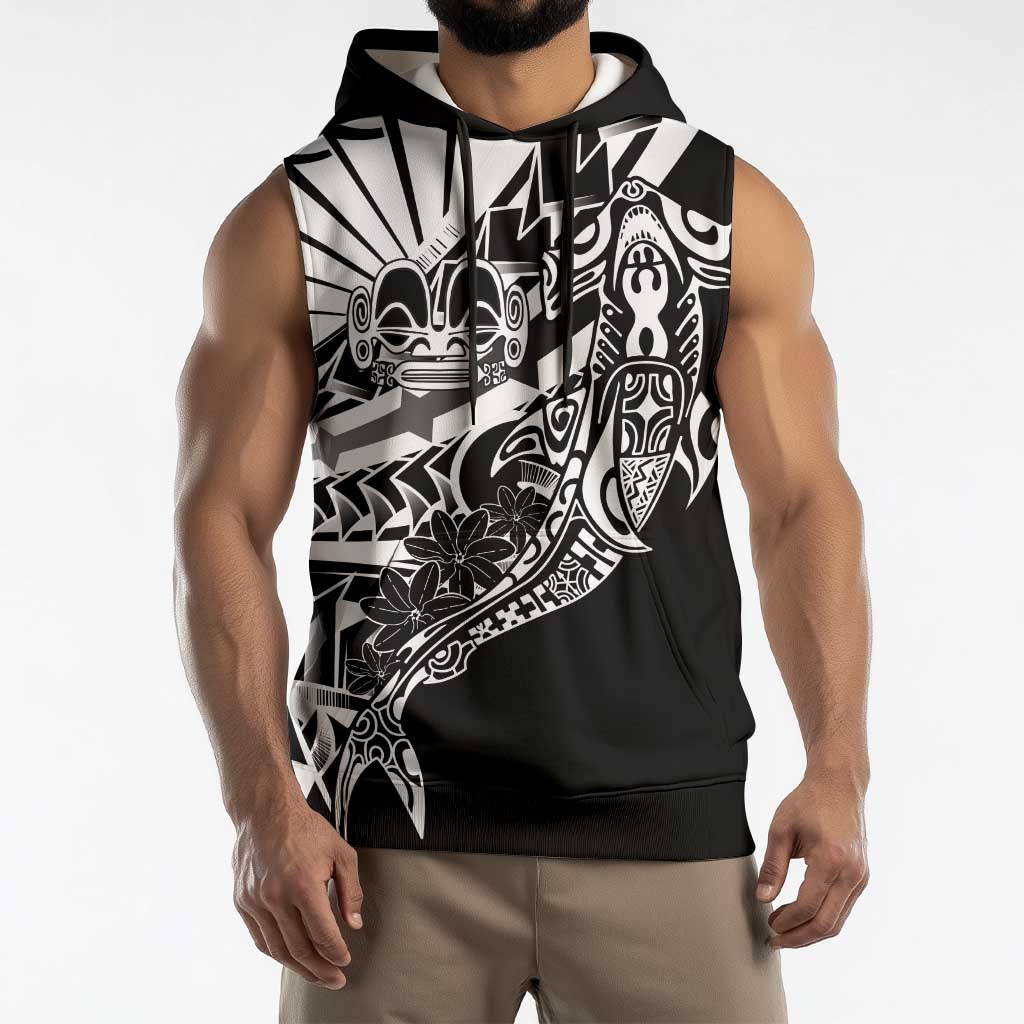 Black White Marquesas Islands Sleeveless Hoodie Marquesan Matatiki Hammerhead Shark Patutiki - Polynesian Pride
