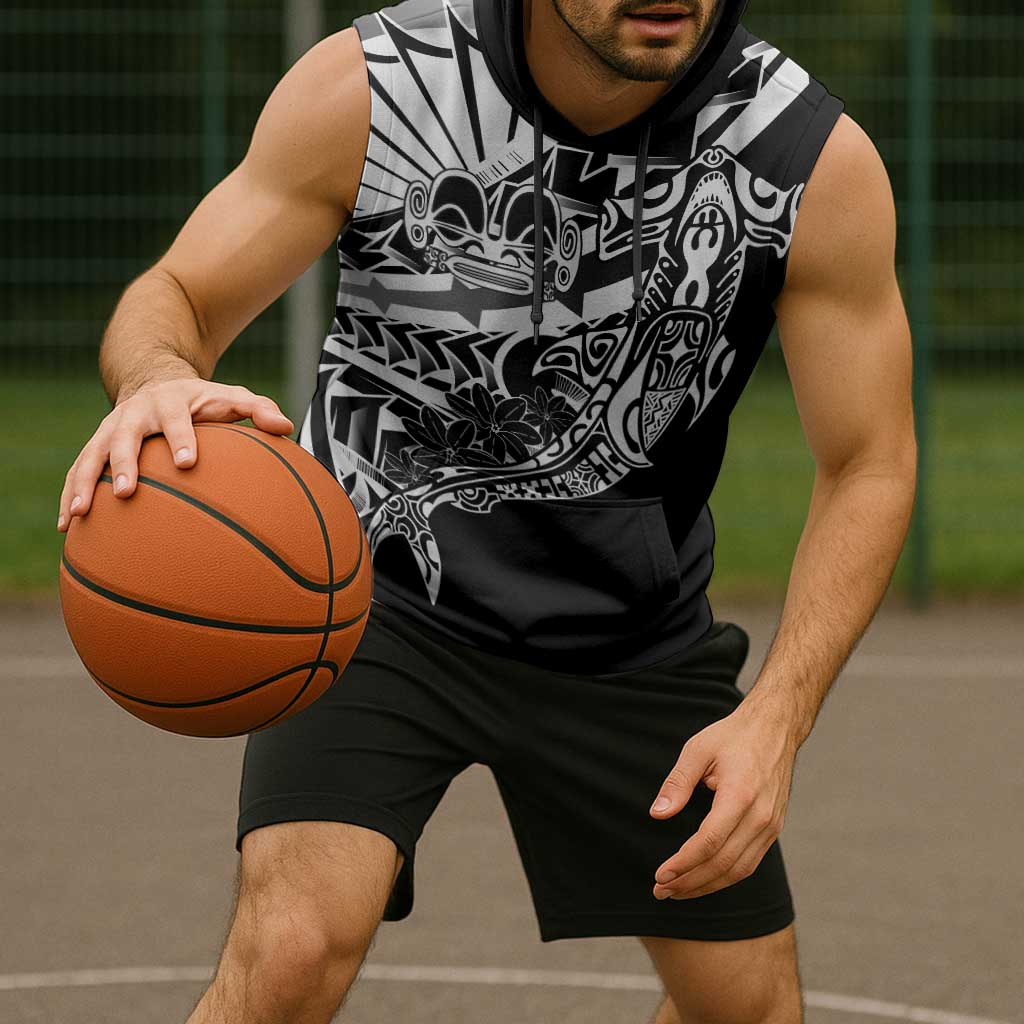 Black White Marquesas Islands Sleeveless Hoodie Marquesan Matatiki Hammerhead Shark Patutiki - Polynesian Pride