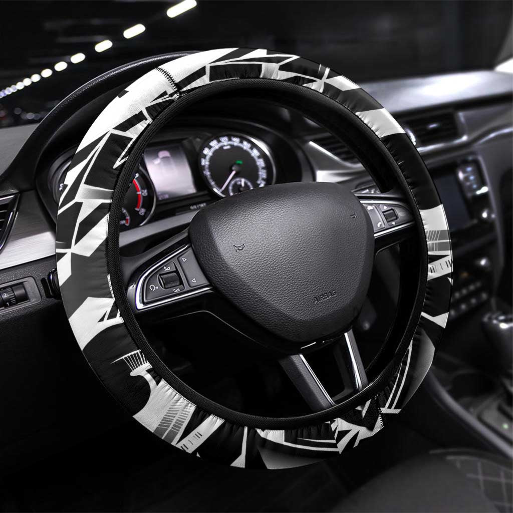 Black White Marquesas Islands Steering Wheel Cover Marquesan Matatiki Hammerhead Shark Patutiki LT14 Universal Fit Black - Polynesian Pride