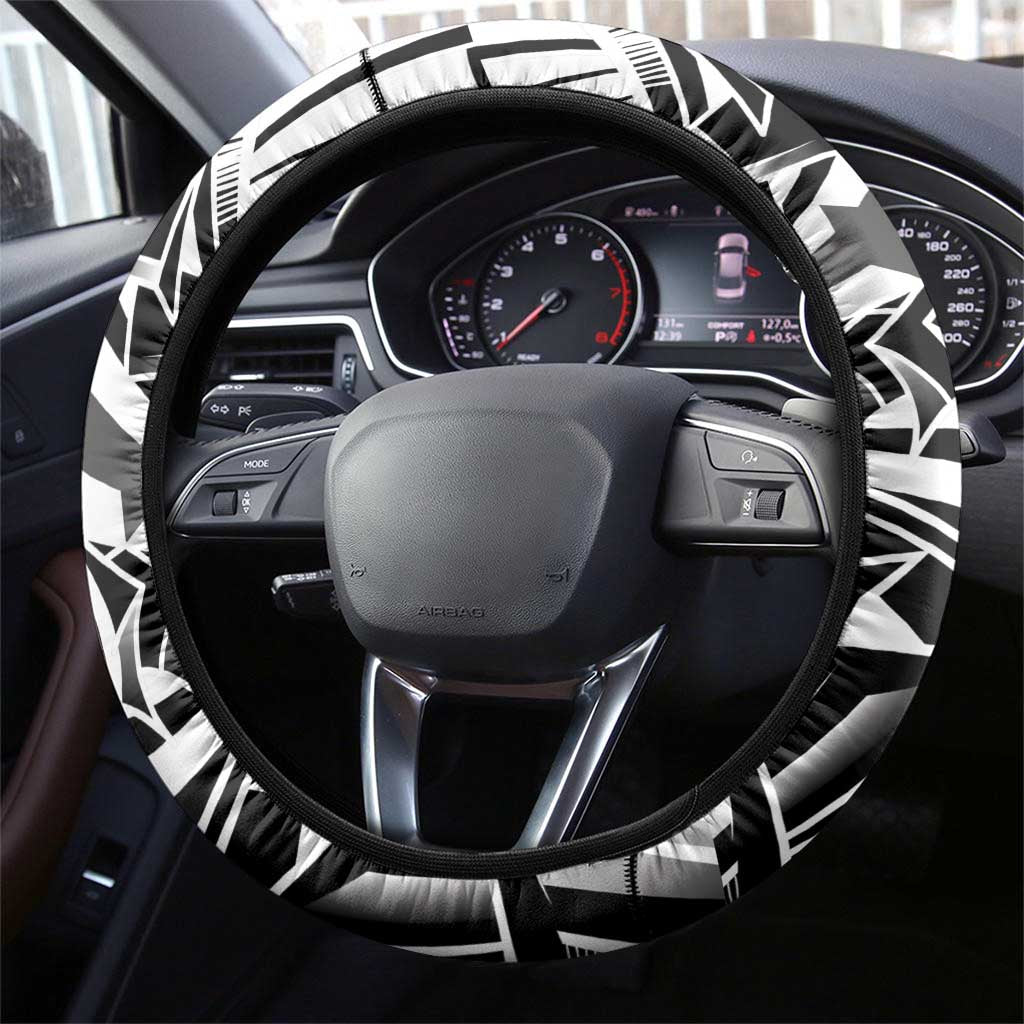 Black White Marquesas Islands Steering Wheel Cover Marquesan Matatiki Hammerhead Shark Patutiki LT14 - Polynesian Pride