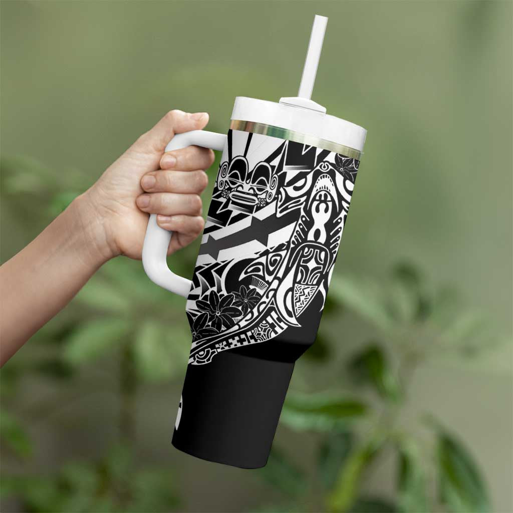 Black White Marquesas Islands Tumbler With Handle Marquesan Matatiki Hammerhead Shark Patutiki - Polynesian Pride