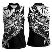 Black White Marquesas Islands Women Sleeveless Polo Shirt Marquesan Matatiki Hammerhead Shark Patutiki - Polynesian Pride