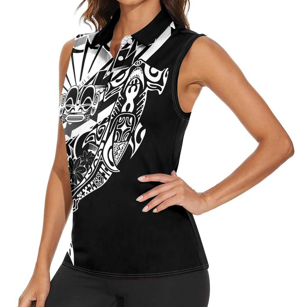 Black White Marquesas Islands Women Sleeveless Polo Shirt Marquesan Matatiki Hammerhead Shark Patutiki - Polynesian Pride