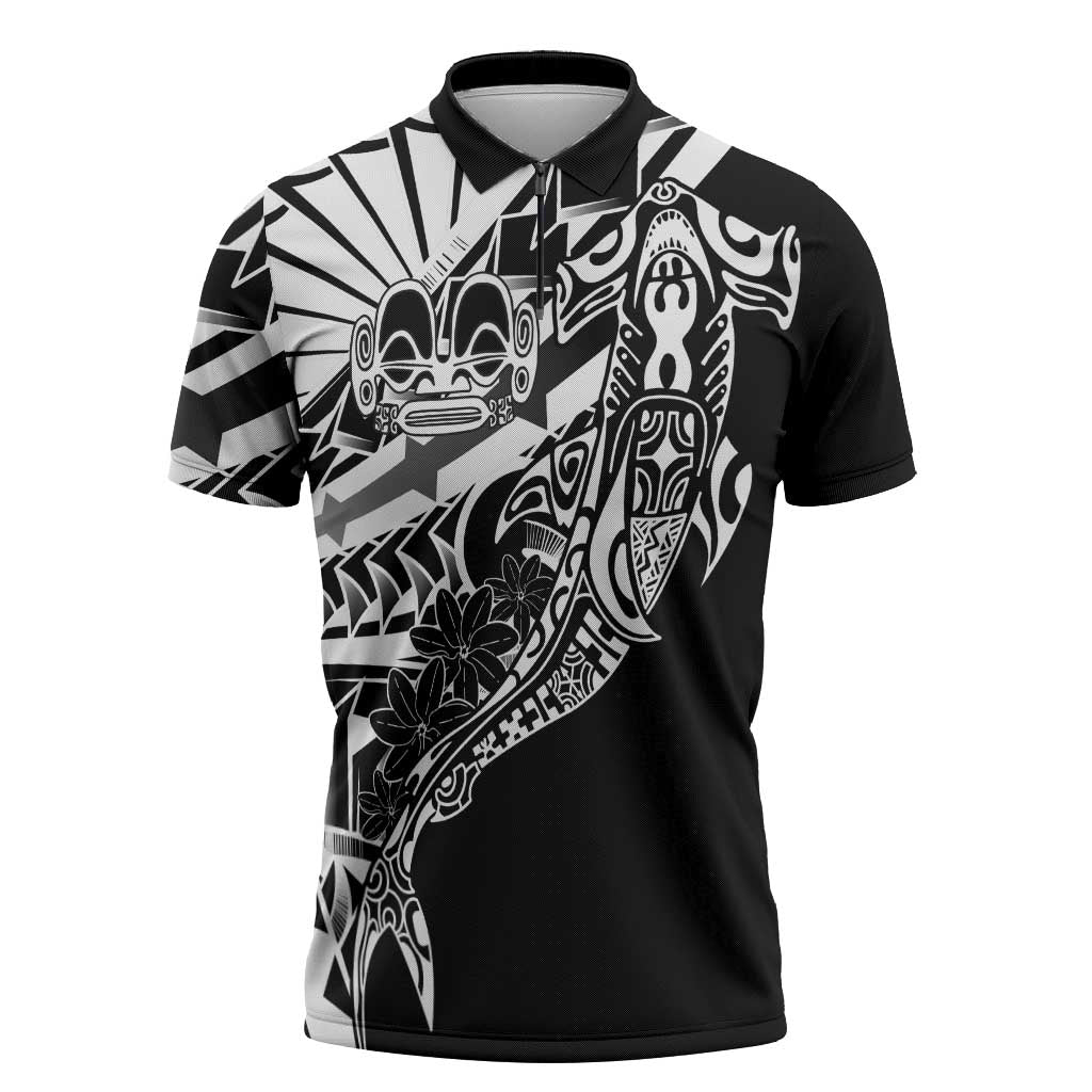 Black White Marquesas Islands Zipper Polo Shirt Marquesan Matatiki Hammerhead Shark Patutiki - Polynesian Pride