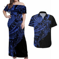 Blue Marquesas Islands Couples Matching Off Shoulder Maxi Dress and Hawaiian Shirt Marquesan Matatiki Hammerhead Shark Patutiki - Polynesian Pride