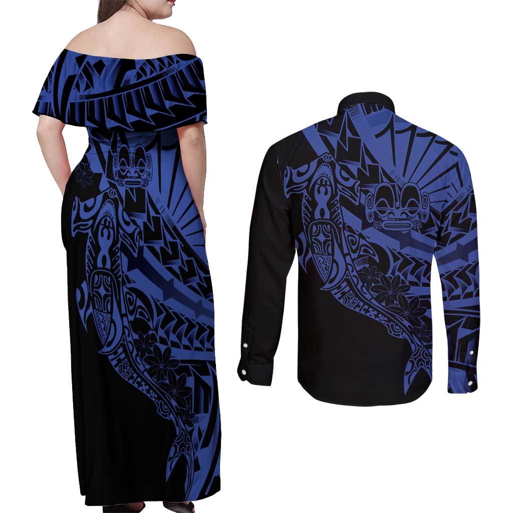 Blue Marquesas Islands Couples Matching Off Shoulder Maxi Dress and Long Sleeve Button Shirt Marquesan Matatiki Hammerhead Shark Patutiki - Polynesian Pride