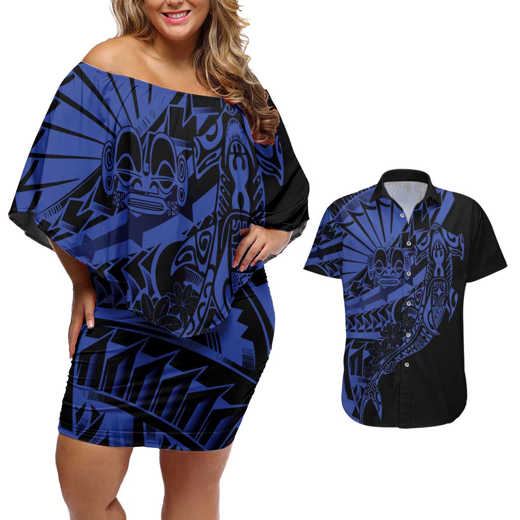 Blue Marquesas Islands Couples Matching Off Shoulder Short Dress and Hawaiian Shirt Marquesan Matatiki Hammerhead Shark Patutiki - Polynesian Pride