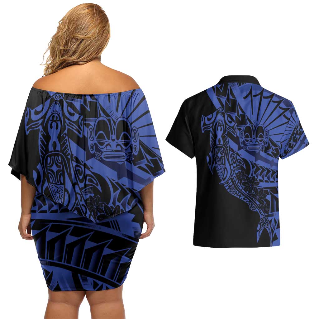 Blue Marquesas Islands Couples Matching Off Shoulder Short Dress and Hawaiian Shirt Marquesan Matatiki Hammerhead Shark Patutiki - Polynesian Pride