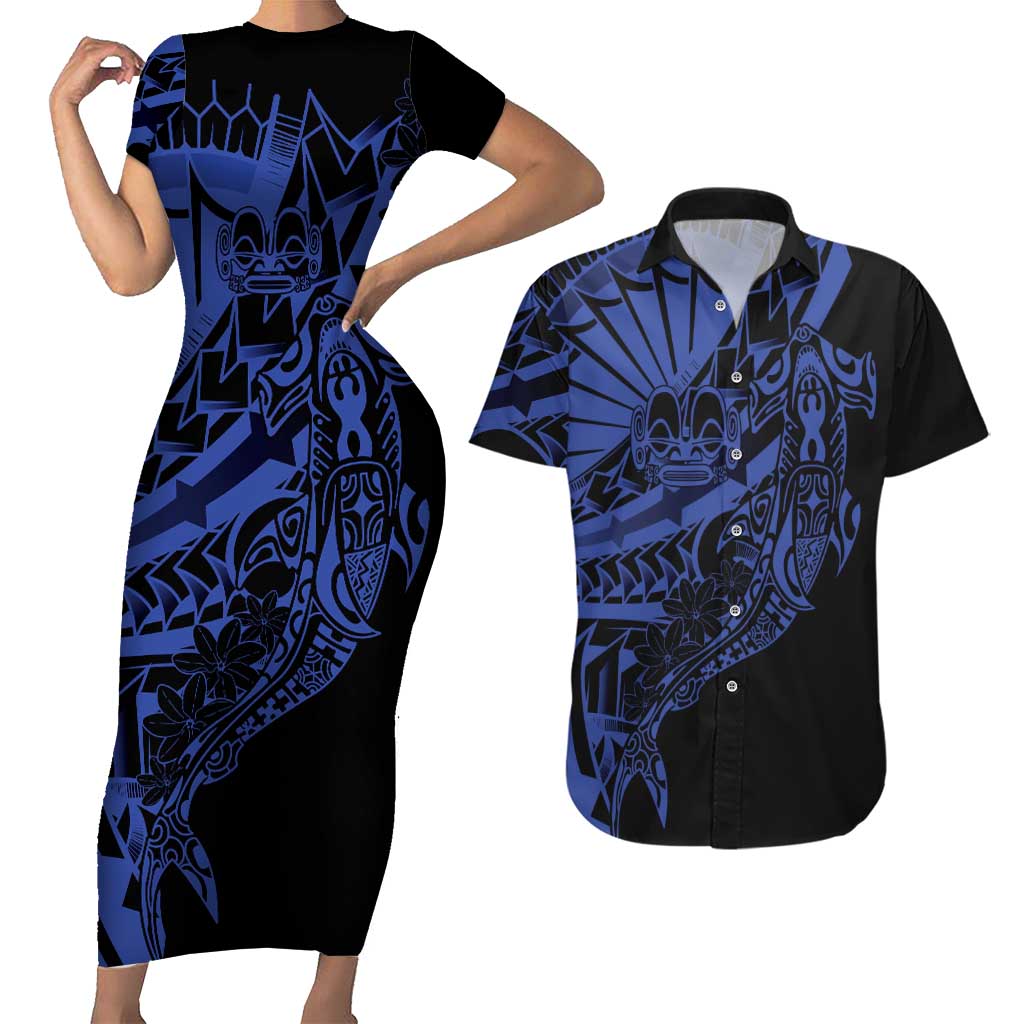 Blue Marquesas Islands Couples Matching Short Sleeve Bodycon Dress and Hawaiian Shirt Marquesan Matatiki Hammerhead Shark Patutiki - Polynesian Pride