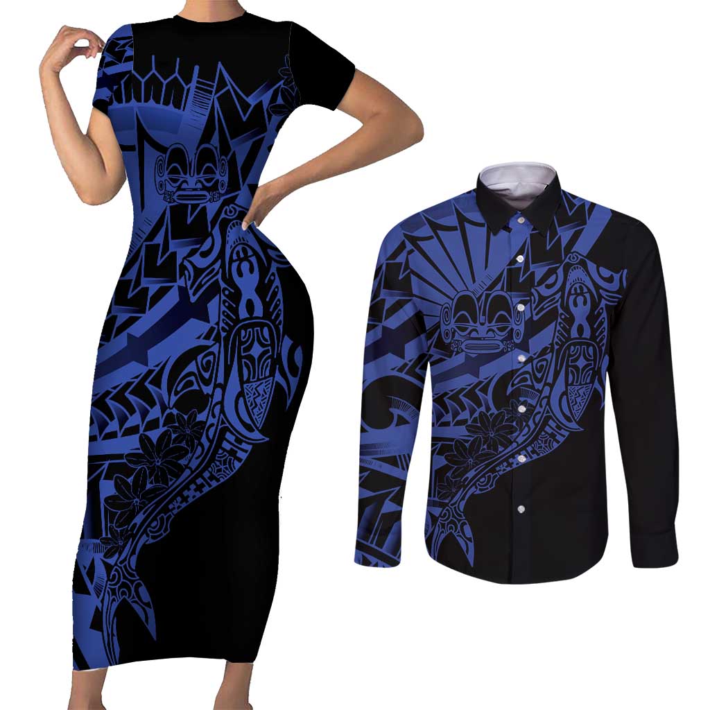 Blue Marquesas Islands Couples Matching Short Sleeve Bodycon Dress and Long Sleeve Button Shirt Marquesan Matatiki Hammerhead Shark Patutiki - Polynesian Pride