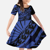 Blue Marquesas Islands Family Matching Long Sleeve Bodycon Dress and Hawaiian Shirt Marquesan Matatiki Hammerhead Shark Patutiki LT14 Daughter's Dress Blue - Polynesian Pride