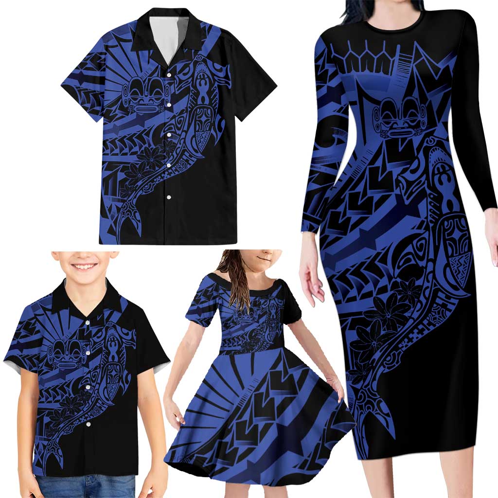 Blue Marquesas Islands Family Matching Long Sleeve Bodycon Dress and Hawaiian Shirt Marquesan Matatiki Hammerhead Shark Patutiki LT14 - Polynesian Pride