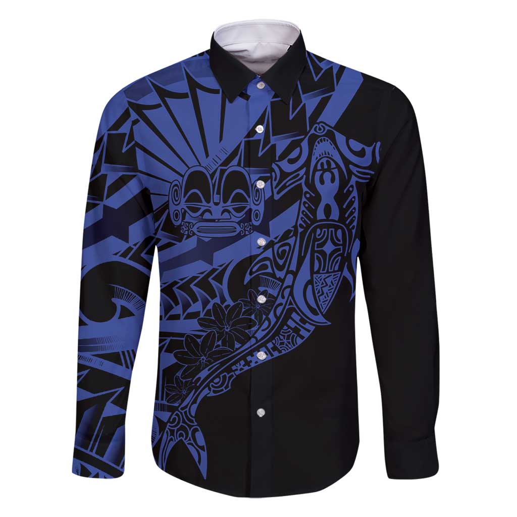 Blue Marquesas Islands Family Matching Long Sleeve Bodycon Dress and Hawaiian Shirt Marquesan Matatiki Hammerhead Shark Patutiki LT14 Dad's Shirt - Long Sleeve Blue - Polynesian Pride