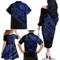 Blue Marquesas Islands Family Matching Off The Shoulder Long Sleeve Dress and Hawaiian Shirt Marquesan Matatiki Hammerhead Shark Patutiki LT14 - Polynesian Pride
