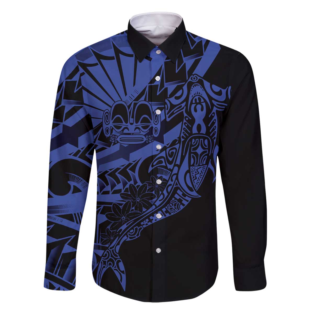 Blue Marquesas Islands Family Matching Off The Shoulder Long Sleeve Dress and Hawaiian Shirt Marquesan Matatiki Hammerhead Shark Patutiki LT14 Dad's Shirt - Long Sleeve Blue - Polynesian Pride