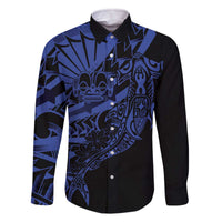 Blue Marquesas Islands Family Matching Off The Shoulder Long Sleeve Dress and Hawaiian Shirt Marquesan Matatiki Hammerhead Shark Patutiki LT14 Dad's Shirt - Long Sleeve Blue - Polynesian Pride