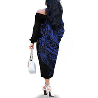 Blue Marquesas Islands Family Matching Off The Shoulder Long Sleeve Dress and Hawaiian Shirt Marquesan Matatiki Hammerhead Shark Patutiki LT14 - Polynesian Pride