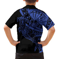 Blue Marquesas Islands Family Matching Off Shoulder Maxi Dress and Hawaiian Shirt Marquesan Matatiki Hammerhead Shark Patutiki - Polynesian Pride