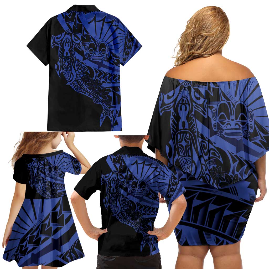 Blue Marquesas Islands Family Matching Off Shoulder Short Dress and Hawaiian Shirt Marquesan Matatiki Hammerhead Shark Patutiki - Polynesian Pride