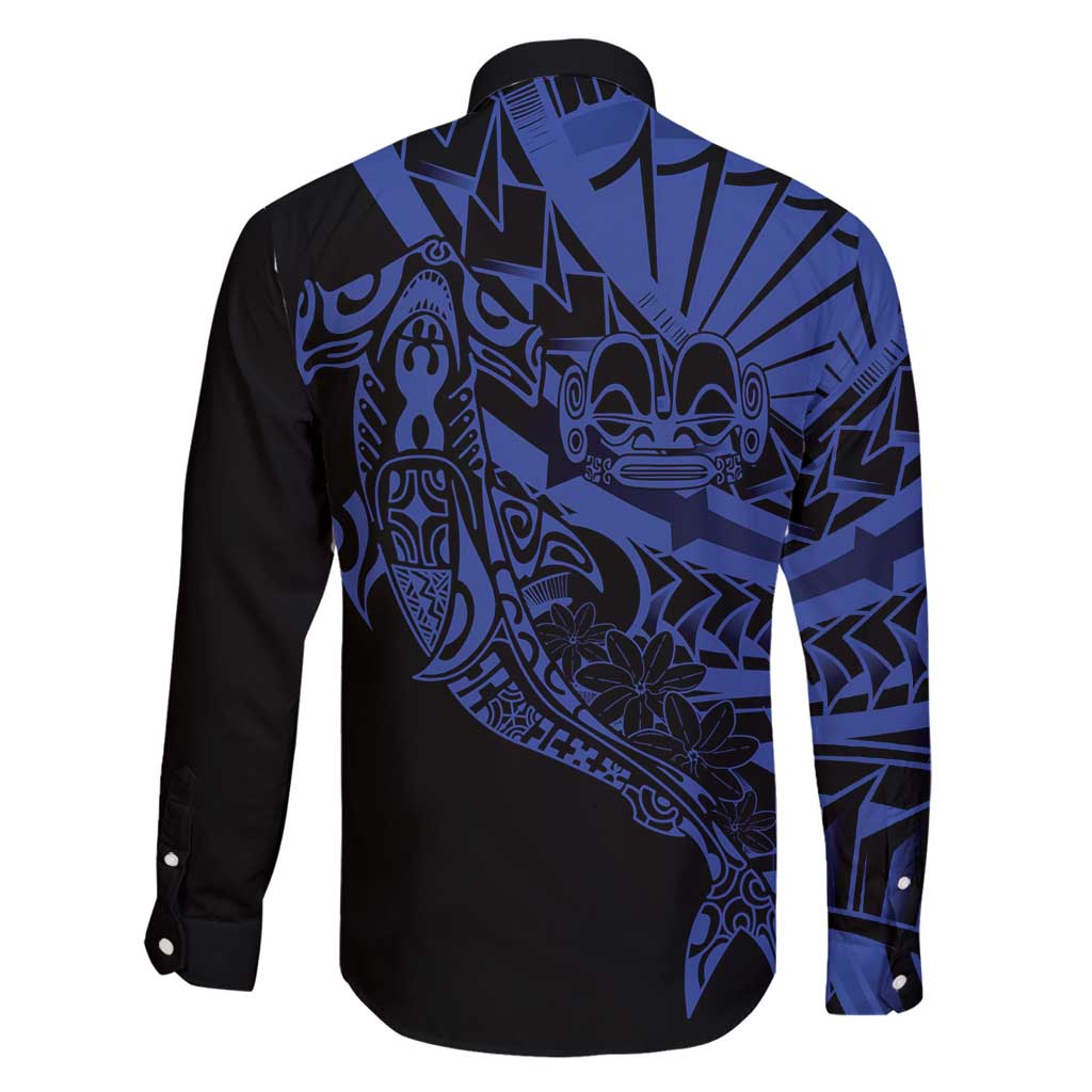 Blue Marquesas Islands Family Matching Off Shoulder Short Dress and Hawaiian Shirt Marquesan Matatiki Hammerhead Shark Patutiki - Polynesian Pride