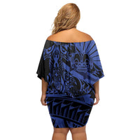 Blue Marquesas Islands Family Matching Off Shoulder Short Dress and Hawaiian Shirt Marquesan Matatiki Hammerhead Shark Patutiki - Polynesian Pride