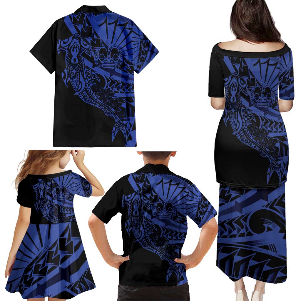 Blue Marquesas Islands Family Matching Puletasi and Hawaiian Shirt Marquesan Matatiki Hammerhead Shark Patutiki LT14 - Polynesian Pride