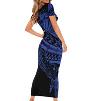 Blue Marquesas Islands Family Matching Short Sleeve Bodycon Dress and Hawaiian Shirt Marquesan Matatiki Hammerhead Shark Patutiki LT14 - Polynesian Pride
