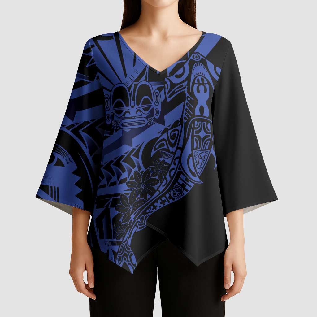 Blue Marquesas Islands Kimono Sleeve Blouse Marquesan Matatiki Hammerhead Shark Patutiki - Polynesian Pride