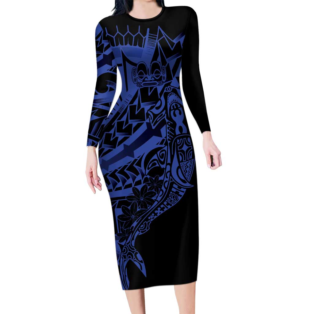 Blue Marquesas Islands Long Sleeve Bodycon Dress Marquesan Matatiki Hammerhead Shark Patutiki - Polynesian Pride