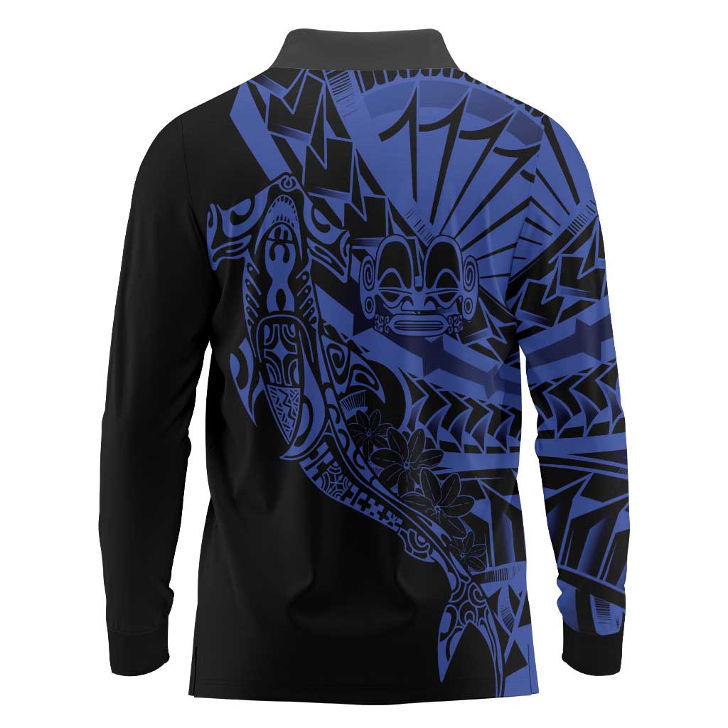 Blue Marquesas Islands Long Sleeve Polo Shirt Marquesan Matatiki Hammerhead Shark Patutiki - Polynesian Pride