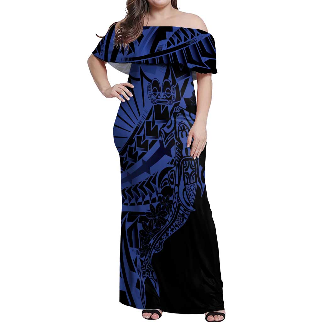 Blue Marquesas Islands Off Shoulder Maxi Dress Marquesan Matatiki Hammerhead Shark Patutiki - Polynesian Pride