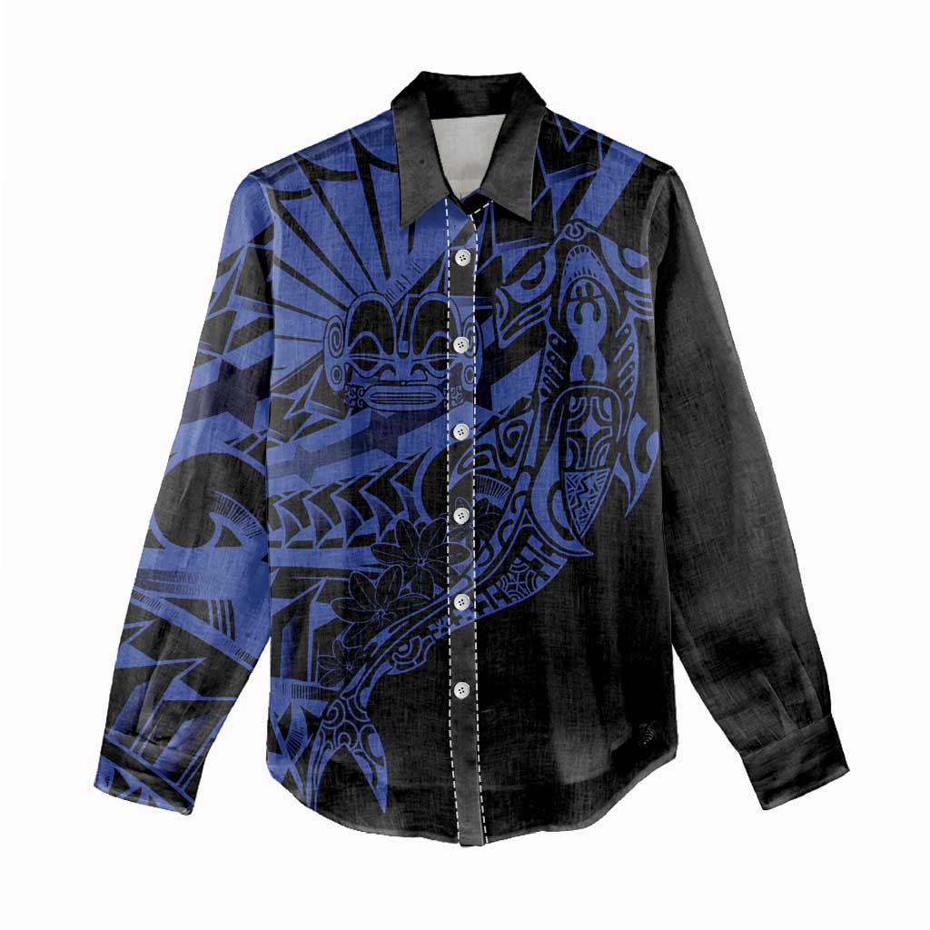 Blue Marquesas Islands Women Casual Shirt Marquesan Matatiki Hammerhead Shark Patutiki - Polynesian Pride