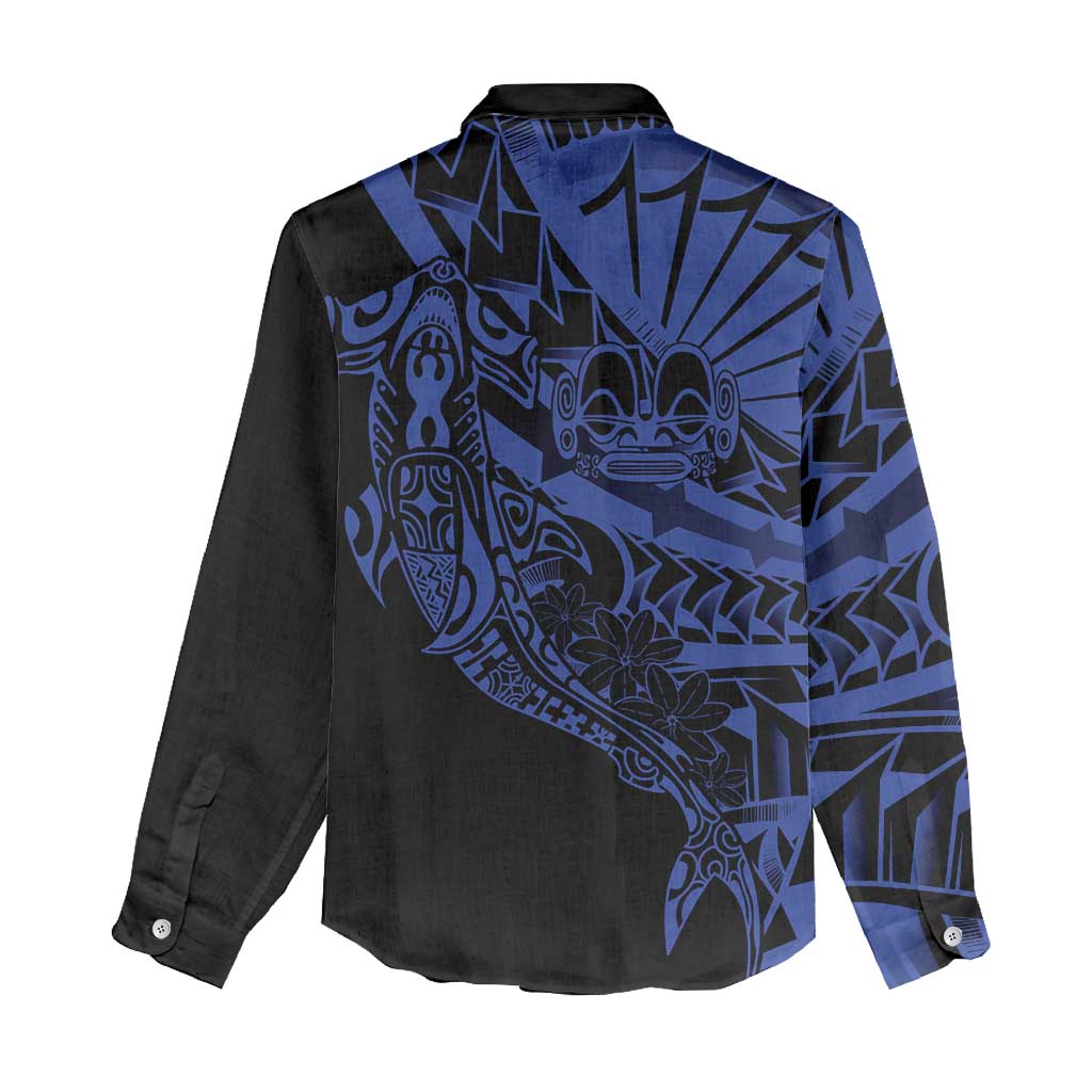 Blue Marquesas Islands Women Casual Shirt Marquesan Matatiki Hammerhead Shark Patutiki - Polynesian Pride
