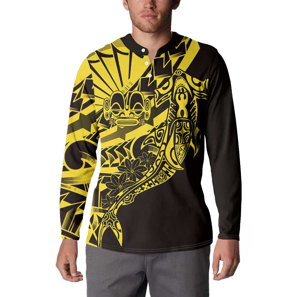 Yellow Marquesas Islands Button Sweatshirt Marquesan Matatiki Hammerhead Shark Patutiki LT14 - Polynesian Pride