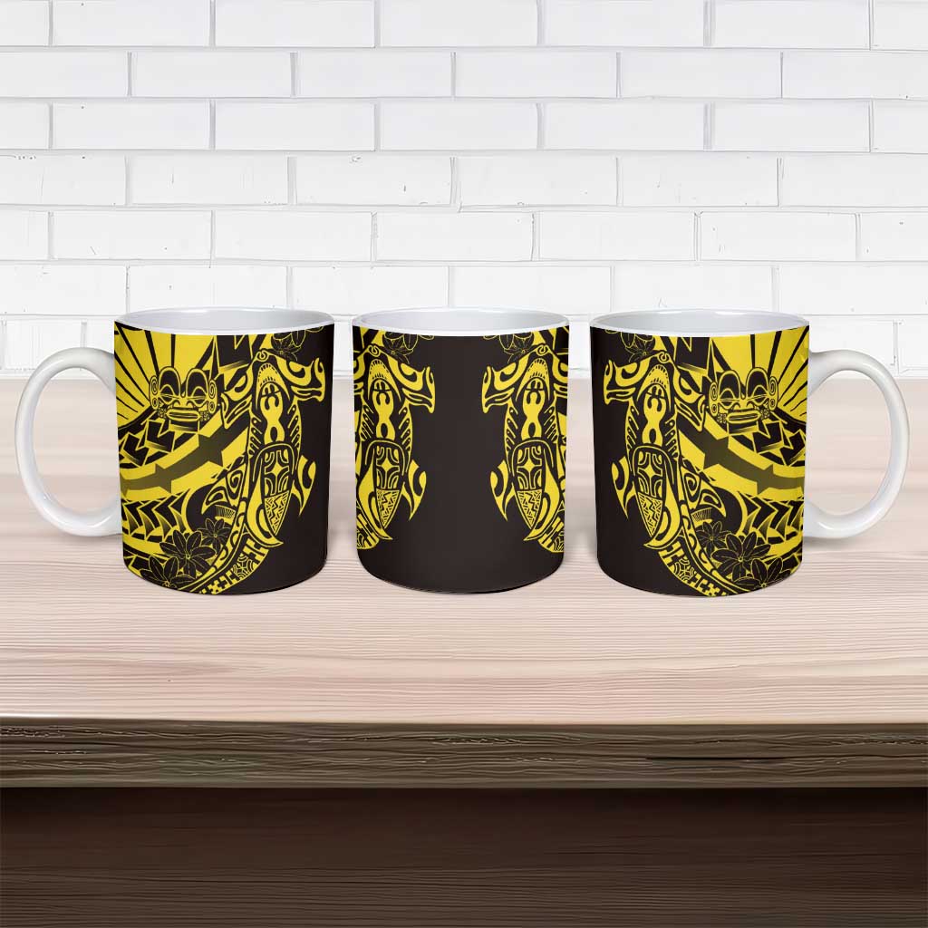 Yellow Marquesas Islands Ceramic Mug Marquesan Matatiki Hammerhead Shark Patutiki - Polynesian Pride