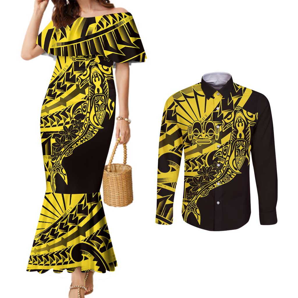 Yellow Marquesas Islands Couples Matching Mermaid Dress and Long Sleeve Button Shirt Marquesan Matatiki Hammerhead Shark Patutiki - Polynesian Pride