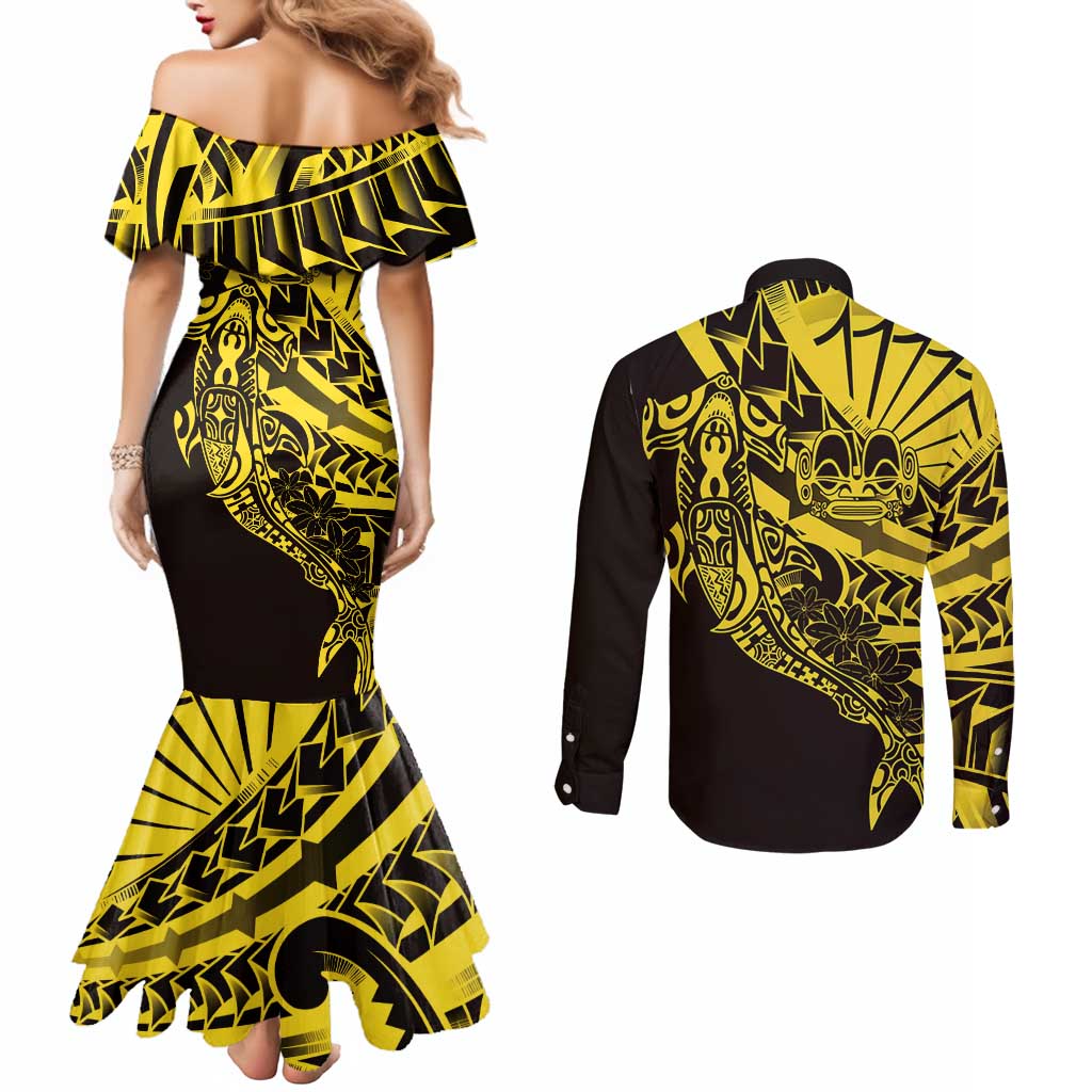 Yellow Marquesas Islands Couples Matching Mermaid Dress and Long Sleeve Button Shirt Marquesan Matatiki Hammerhead Shark Patutiki LT14 - Polynesian Pride