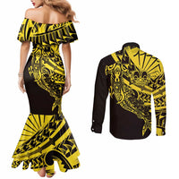 Yellow Marquesas Islands Couples Matching Mermaid Dress and Long Sleeve Button Shirt Marquesan Matatiki Hammerhead Shark Patutiki LT14 - Polynesian Pride