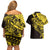 Yellow Marquesas Islands Couples Matching Off Shoulder Short Dress and Hawaiian Shirt Marquesan Matatiki Hammerhead Shark Patutiki - Polynesian Pride