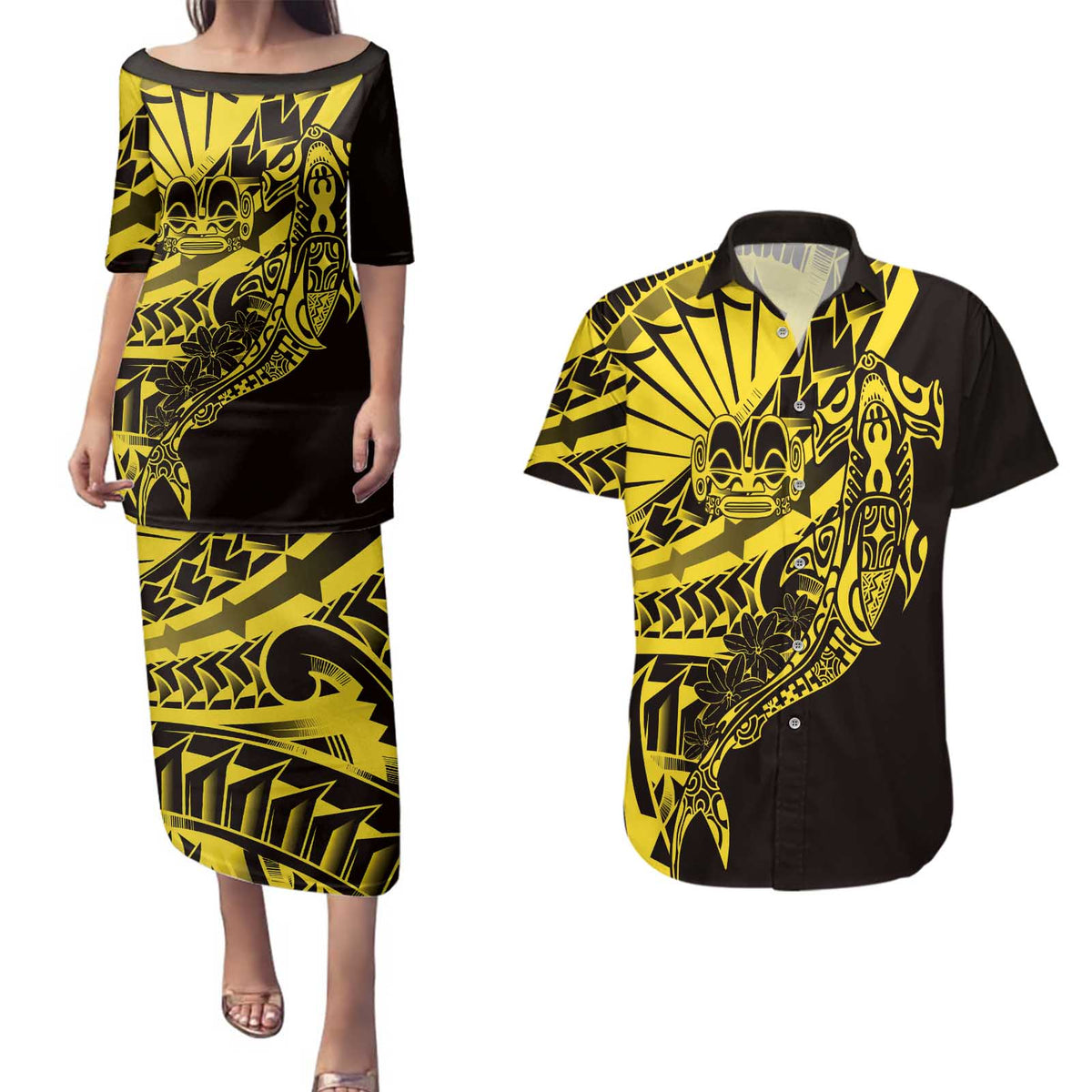 Yellow Marquesas Islands Couples Matching Puletasi and Hawaiian Shirt Marquesan Matatiki Hammerhead Shark Patutiki LT14 Yellow - Polynesian Pride