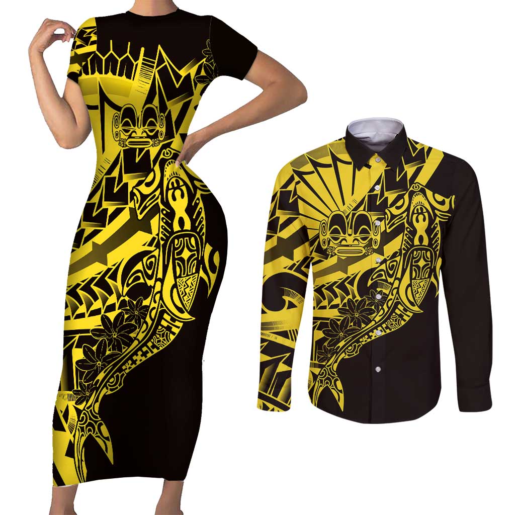 Yellow Marquesas Islands Couples Matching Short Sleeve Bodycon Dress and Long Sleeve Button Shirt Marquesan Matatiki Hammerhead Shark Patutiki LT14 Yellow - Polynesian Pride