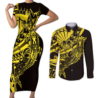 Yellow Marquesas Islands Couples Matching Short Sleeve Bodycon Dress and Long Sleeve Button Shirt Marquesan Matatiki Hammerhead Shark Patutiki LT14 Yellow - Polynesian Pride