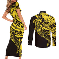 Yellow Marquesas Islands Couples Matching Short Sleeve Bodycon Dress and Long Sleeve Button Shirt Marquesan Matatiki Hammerhead Shark Patutiki LT14 - Polynesian Pride