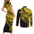 Yellow Marquesas Islands Couples Matching Short Sleeve Bodycon Dress and Long Sleeve Button Shirt Marquesan Matatiki Hammerhead Shark Patutiki - Polynesian Pride