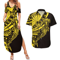 Yellow Marquesas Islands Couples Matching Summer Maxi Dress and Hawaiian Shirt Marquesan Matatiki Hammerhead Shark Patutiki LT14 Yellow - Polynesian Pride