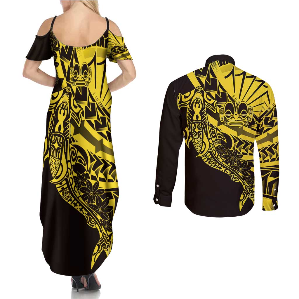 Yellow Marquesas Islands Couples Matching Summer Maxi Dress and Long Sleeve Button Shirt Marquesan Matatiki Hammerhead Shark Patutiki - Polynesian Pride