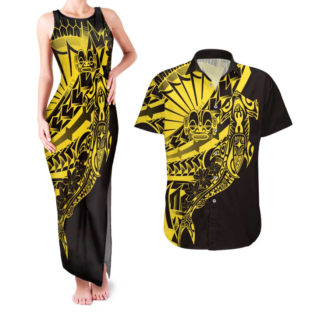 Yellow Marquesas Islands Couples Matching Tank Maxi Dress and Hawaiian Shirt Marquesan Matatiki Hammerhead Shark Patutiki LT14 Yellow - Polynesian Pride