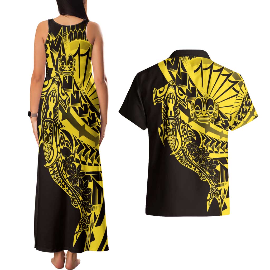 Yellow Marquesas Islands Couples Matching Tank Maxi Dress and Hawaiian Shirt Marquesan Matatiki Hammerhead Shark Patutiki LT14 - Polynesian Pride