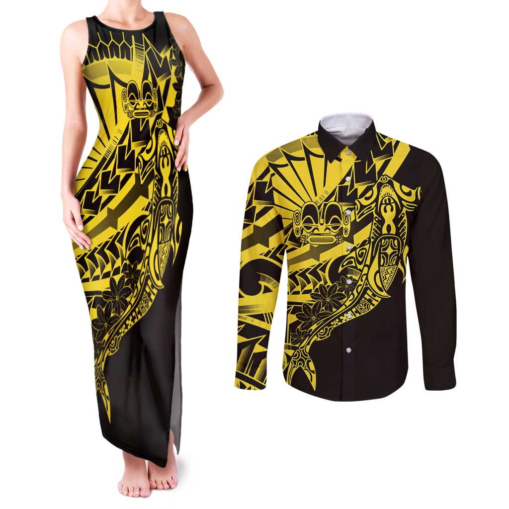 Yellow Marquesas Islands Couples Matching Tank Maxi Dress and Long Sleeve Button Shirt Marquesan Matatiki Hammerhead Shark Patutiki - Polynesian Pride